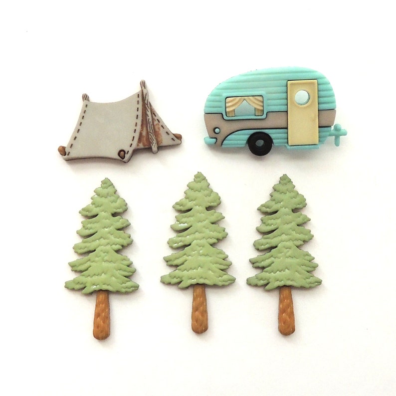 Hittin the Trail Buttons by Dress It Up Jesse James Camping Camper Trailer Tent Great Outdoors Family Fun Vacation Woods