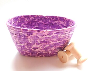 Small Purple and White Oval Basket // Handmade Coiled Fabric Bowl