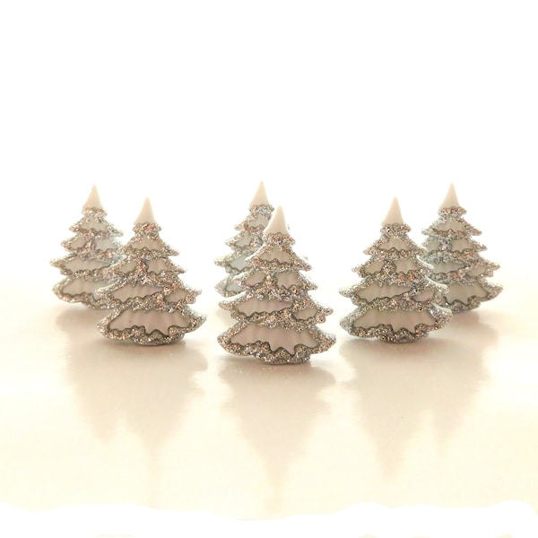 White Glitter Christmas Tree Buttons by Buttons Galore / Winter Holiday Forest Embellishments - Set of  SIX pieces