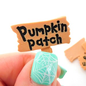 K&ouml;nnte beinhalten: Ein kleines Holzschild mit den Worten "Pumpkin Patch" in schwarzer Farbe. Das Schild wird in einer Hand mit einem t&uuml;rkisfarbenen Nagellack mit einem wei&szlig;en Spinnennetz-Design gehalten.