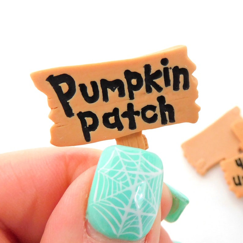 K&ouml;nnte beinhalten: Ein kleines Holzschild mit den Worten "Pumpkin Patch" in schwarzer Farbe. Das Schild wird in einer Hand mit einem t&uuml;rkisfarbenen Nagellack mit einem wei&szlig;en Spinnennetz-Design gehalten.