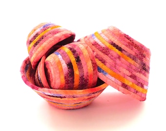 Pink Coral and Lavender Bowls / Coiled Fabric Clothesline Basket Home Decor
