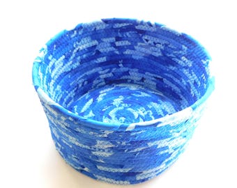 Medium Blue and White Bowl // Handmade Coiled Fabric Basket
