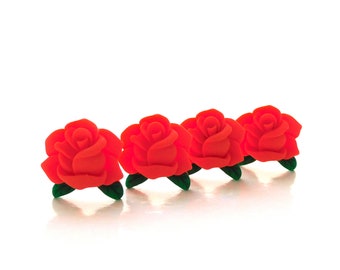 Red Rosette Flat Back Embellishments / Rose Flower Resin Cabochons- Set of FOUR