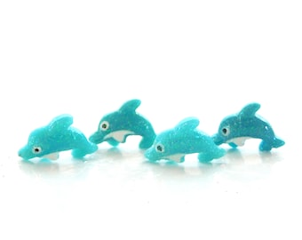 Tiny Glitter Dolphin Flat Back Embellishments / Ocean Animal Flatback Resin Cabochons - Set of FOUR