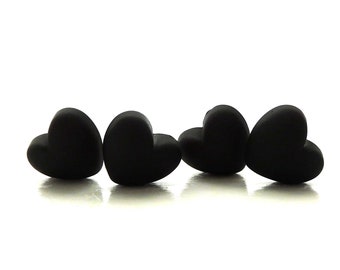 Small Black Matte Heart Flat Back Embellishments / Love Flatback Resin Cabochons - Set of FOUR