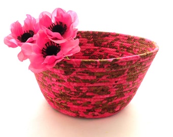 Large Fuchsia and Brown Bowl // Handmade Coiled Fabric Basket - Mother's Day Gift Idea