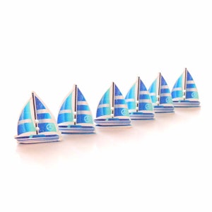Blue Wood Sailboat Buttons // Summer Beach Chipboard Embellishments - Set of SIX