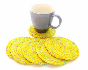 Yellow with Purple and Blue Dots Coasters  / Coiled Home Decor - Set of Six