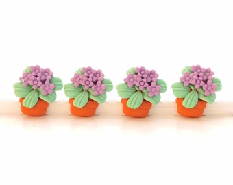 Violet Plants Flat Back Embellishments / Potted Purple Flower Resin Cabochons- Set of FOUR