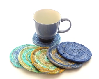Blue, Tan and Aqua Coasters / Coiled Fabric Home Decor Set of Six