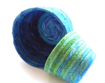 Blue and Green Bowl Set // Handmade Coiled Fabric Basket - Set of TWO