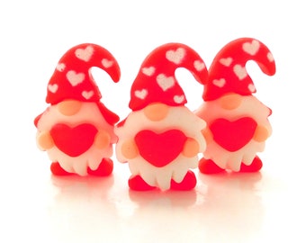Valentine Gnome Flat Back Embellishments by Shelly's Buttons / Heart Flatback Resin Cabochons- Set of THREE