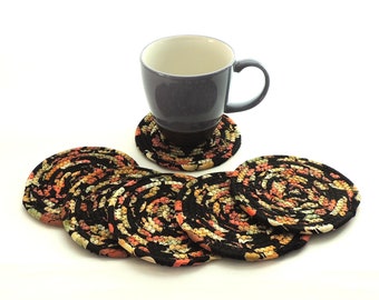 Coral and Beige on Black Coasters / Coiled Fabric Home Decor / Set of SIX / Wrapped clothesline