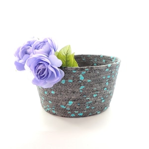 Large Gray and Aqua Bowl // Blue Handmade Coiled Fabric Basket // Home Decor Gift