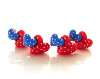 Patriotic Hearts Flat Back Embellishments / Red White and Blue Flatback Resin Cabochons - Set of FOUR