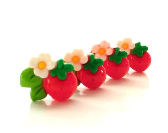 Strawberry with Flower Flat Back Embellishments / Garden Fruit Food Flat Back Decorations - Set of FOUR