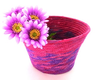 Medium Pink and Purple Stripe Bowl // Bright Color Handmade Coiled Fabric Basket