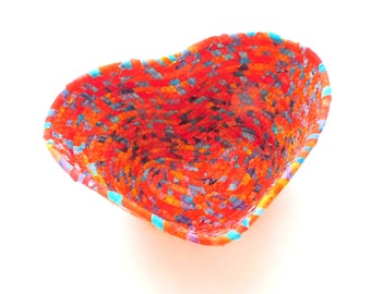 Small Orange and Blue Heart Bowl  // Handmade Coiled Fabric Basket Candy Dish