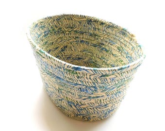 Medium Blue and Green on Cream Oval Basket // Handmade Coiled Fabric Bowl