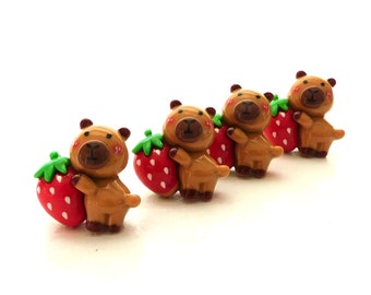 Capybara with Strawberry Flat Back Embellishments / Rodent Animal Flat Back Decorations - Set of FOUR