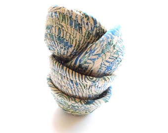 Teeny Tiny Blue and Green on Cream Bowl / Handmade Kid Friendly Home Decor