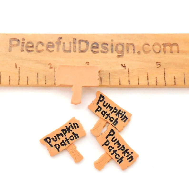 K&ouml;nnte beinhalten: Vier Miniatur-Holzschildchen mit dem Text "Pumpkin Patch" in schwarzer Farbe. Die Schilder sind etwa 2,5 cm lang und aus hellem braunem Holz gefertigt.