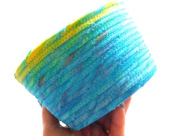 Medium Blue and Yellow Bowl // Handmade Coiled Fabric Basket
