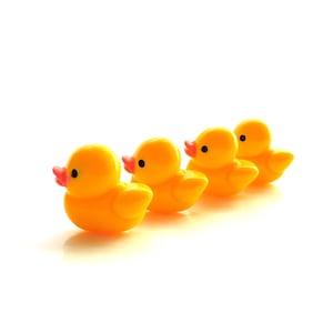 Könnte beinhalten: Vier gelbe Gummienenten in einer Reihe auf weißem Hintergrund. Die Enten haben schwarze Augen und orangefarbene Schnäbel.