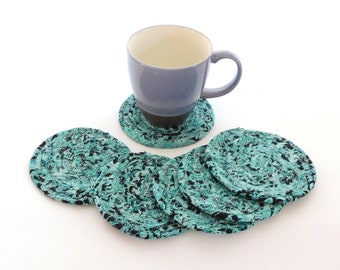 Turquoise and Black Coiled Fabric Coasters / Set of SIX / Home Decor