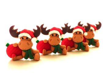 Christmas Moose Flat Back Embellishments by Shelly's Buttons / Flatback Christmas Animal Decorations - Set of FOUR