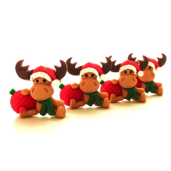 Christmas Moose Flat Back Embellishments by Shelly's Buttons / Flatback Christmas Animal Decorations - Set of FOUR