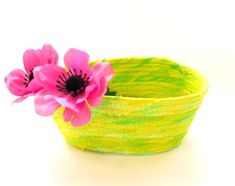 Small Yellow and Green Oval Basket // Handmade Coiled Fabric Bowl
