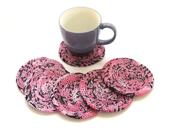 Pink and Black and White Coasters  / Coiled Home Decor Set of Six Furniture Protector Home Decor Batik Clothesline Kid Friendly