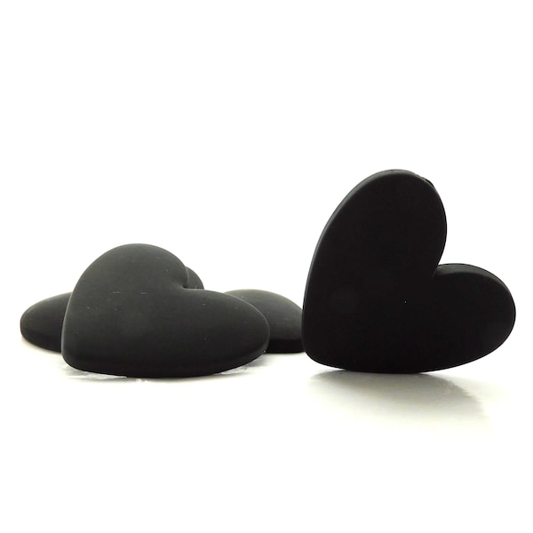 Large Black Matte Heart Flat Back Embellishments / Love Flatback Resin Cabochons - Set of FOUR