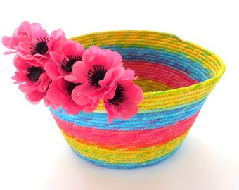 Extra Large Pink Blue and Yellow Bowl // Handmade Coiled Fabric Basket