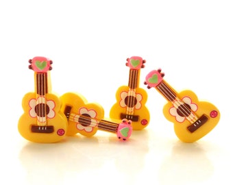 Gelbe Gitarre Cabochons mit flacher Rückseite / Musik Cabochons - Set von VIER