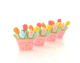 Pink Tulip Basket Flat Back Embellishments / Flower Plant Flatback Cabochons- Set of FOUR