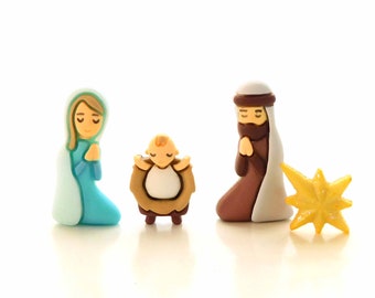 A Child Is Born Nativity Flat Back Embellishments by Shelly's Buttons / Christmas Flatback Decorations - Set of FOUR