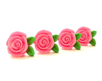 Pink Rosette Flat Back Embellishments / Rose Flower Resin Cabochons- Set of FOUR