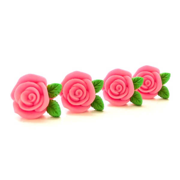 Pink Rosette Flat Back Embellishments / Rose Flower Resin Cabochons- Set of FOUR