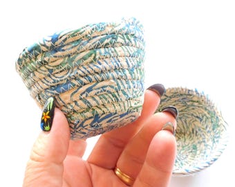Coiled Rope Basket: Itty Bitty Blue and Green on Cream