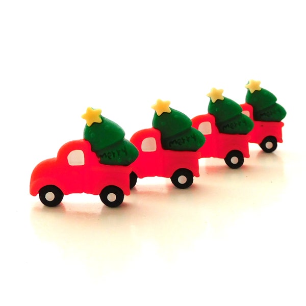 Truck with Tree Flat Back Embellishments / Christmas Flatback Decorations - Set of FOUR