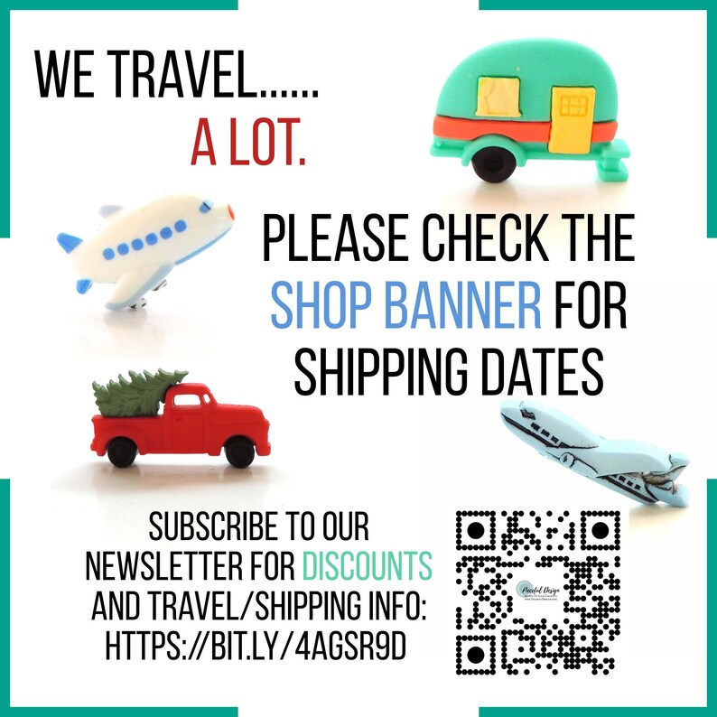 May include: Image features miniature travel-themed objects: a teal camper, a white airplane, a red truck with a Christmas tree, and a light blue airplane. Text includes "WE TRAVEL... A LOT" and "PLEASE CHECK THE SHOP BANNER FOR SHIPPING DATES."