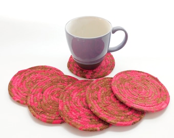 Fuchsia and Brown Coasters  / Coiled Home Decor - Set of Six