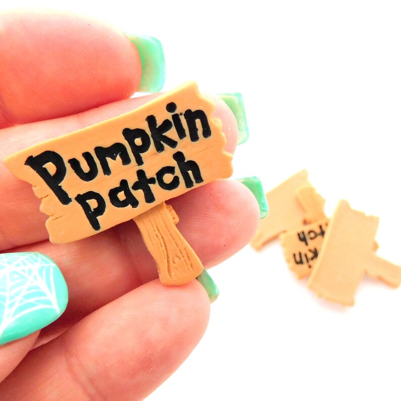 K&ouml;nnte beinhalten: Ein braunes Holzschild mit dem Text "Pumpkin Patch" in schwarzen Buchstaben. Das Schild wird in einer Hand gehalten.