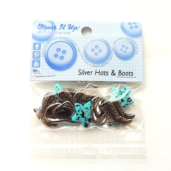 JESSE JAMES ~ DRESS IT UP BUTTONS ~ SILVER COWBOY HATS /& BOOTS 990 Sewing Craft