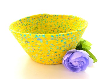 Medium Yellow with Purple and Blue Dots Bowl // Handmade Coiled Fabric Basket