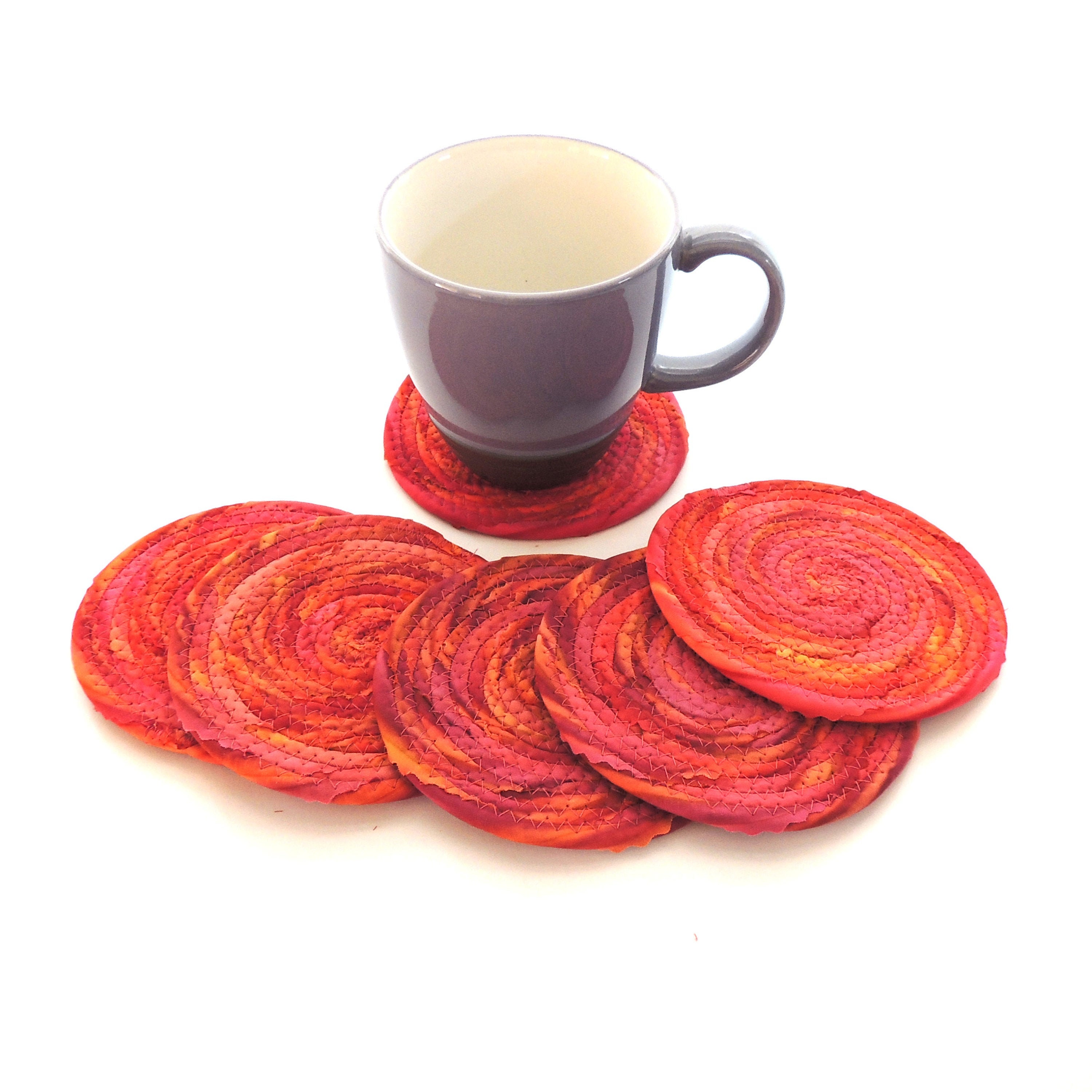 Pink and Red Striped Coaster Set / Coiled Home Decor Set of Six