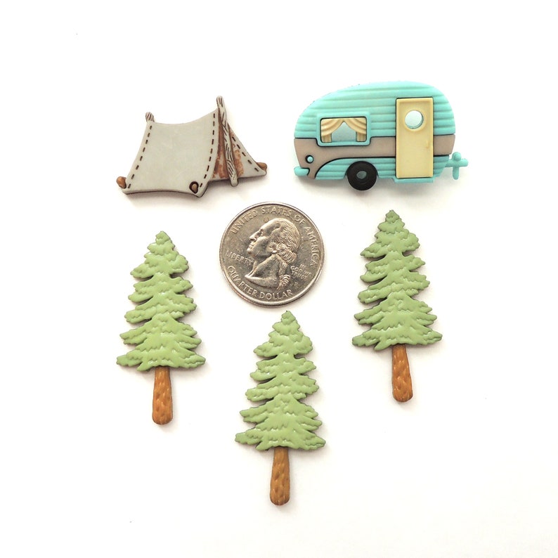 Hittin the Trail Buttons by Dress It Up Jesse James Camping Camper Trailer Tent Great Outdoors Family Fun Vacation Woods